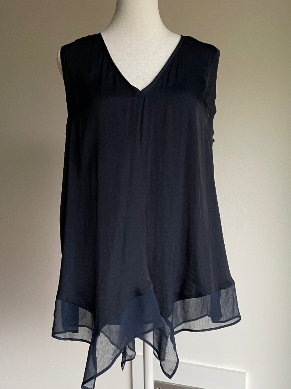 Navy Blue Satin Chiffon Asymmetrical Handkerchief-hem Tank Top Coastal, Medium